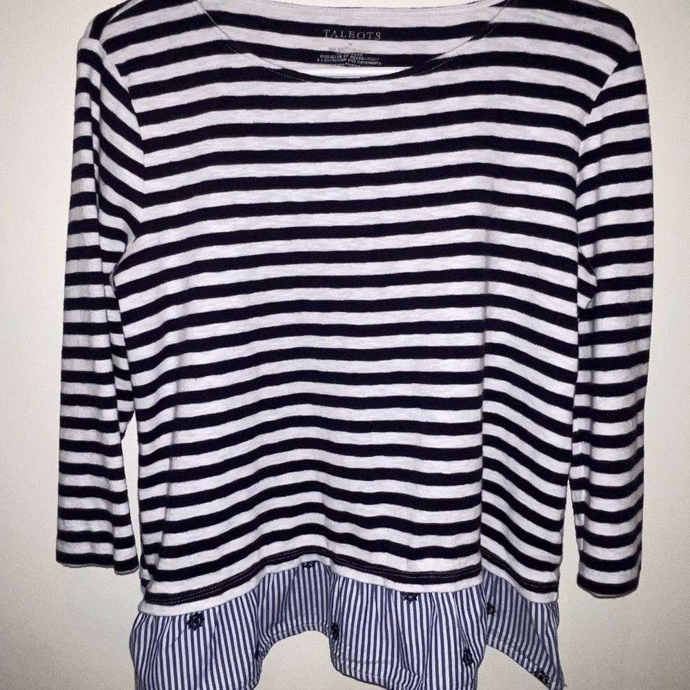 Talbots Womens Top Sz M Navy & White Striped 3/4 Sleeves 100% Cotton Ruffle Chic